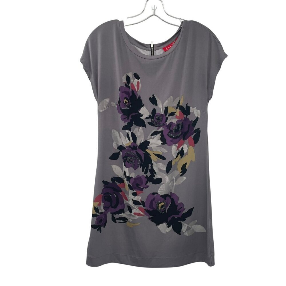 Elle Womens Floral T-Shirt Dress Short Sleeve Multicolor Size Small Zip